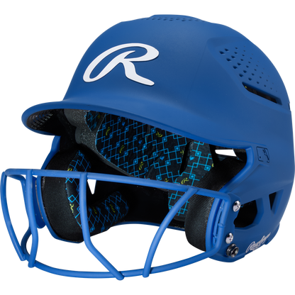 A royal Rawlings RX2 Matte Batting Helmet with Fastpitch Mask features ventilation holes, a white R logo on the front, and patterned interior padding.
