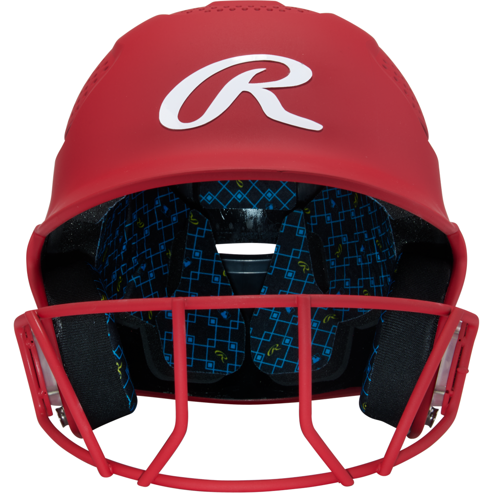 A red Rawlings RX2 Matte Batting Helmet with Fastpitch Mask (RX2SBMAT) features a white R logo, black interior padding with a blue geometric pattern, and a matching red face guard for style and comfort.