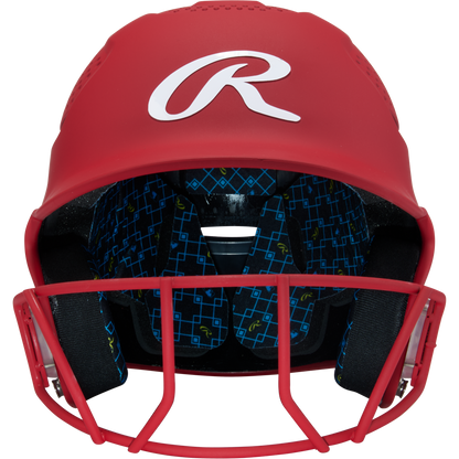 A red Rawlings RX2 Matte Batting Helmet with Fastpitch Mask (RX2SBMAT) features a white R logo, black interior padding with a blue geometric pattern, and a matching red face guard for style and comfort.