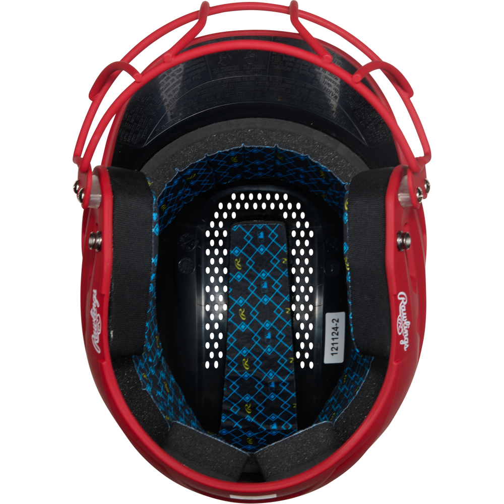 A top view of the Rawlings RX2 Matte Batting Helmet with Fastpitch Mask (RX2SBMAT) by Rawlings, featuring a red frame, black padding, blue patterned interior with center vents, and the Rawlings logo on each padded side.