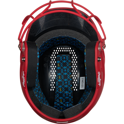 A top view of the Rawlings RX2 Matte Batting Helmet with Fastpitch Mask (RX2SBMAT) by Rawlings, featuring a red frame, black padding, blue patterned interior with center vents, and the Rawlings logo on each padded side.