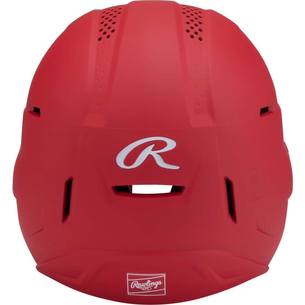 Front view of the Rawlings RX2 Matte Batting Helmet with Fastpitch Mask (RX2SBMAT), featuring ventilation holes, a white R logo, a rectangular center vent, and compatible with an optional softball face guard.