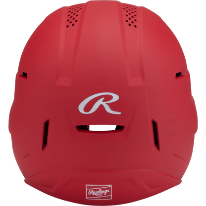 Front view of the Rawlings RX2 Matte Batting Helmet with Fastpitch Mask (RX2SBMAT), featuring ventilation holes, a white R logo, a rectangular center vent, and compatible with an optional softball face guard.