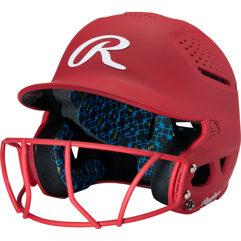 A Rawlings RX2 Matte Batting Helmet with Fastpitch Mask (RX2SBMAT) in scarlet, featuring a padded interior, is shown at an angle against a plain white background.