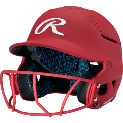 A Rawlings RX2 Matte Batting Helmet with Fastpitch Mask (RX2SBMAT) in scarlet, featuring a padded interior, is shown at an angle against a plain white background.