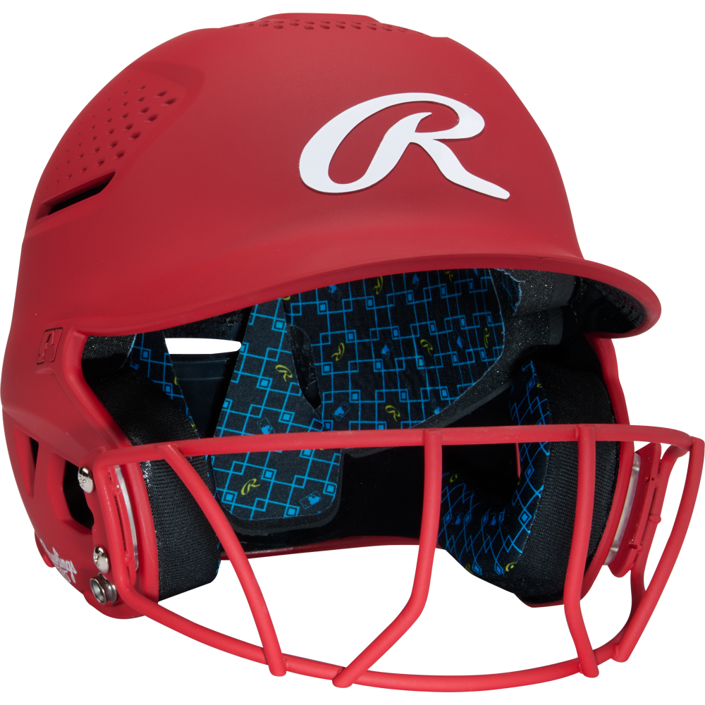 A Rawlings RX2 Matte Batting Helmet with Fastpitch Mask (RX2SBMAT) features a red shell, softball face guard, and blue padded interior with a geometric pattern and small R logos.