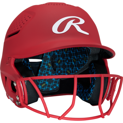 A Rawlings RX2 Matte Batting Helmet with Fastpitch Mask (RX2SBMAT) features a red shell, softball face guard, and blue padded interior with a geometric pattern and small R logos.