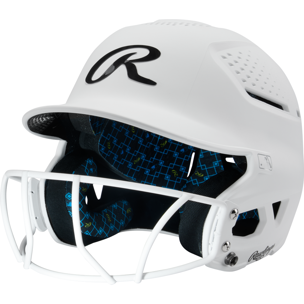 A white Rawlings RX2 Matte Batting Helmet (RX2SBMAT) with Fastpitch Mask, ventilation holes, black R logo on the front, and blue-patterned interior padding.
