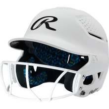A white Rawlings RX2 Matte Batting Helmet (RX2SBMAT) with Fastpitch Mask, ventilation holes, black R logo on the front, and blue-patterned interior padding.