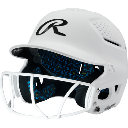 A white Rawlings RX2 Matte Batting Helmet (RX2SBMAT) with Fastpitch Mask, ventilation holes, black R logo on the front, and blue-patterned interior padding.