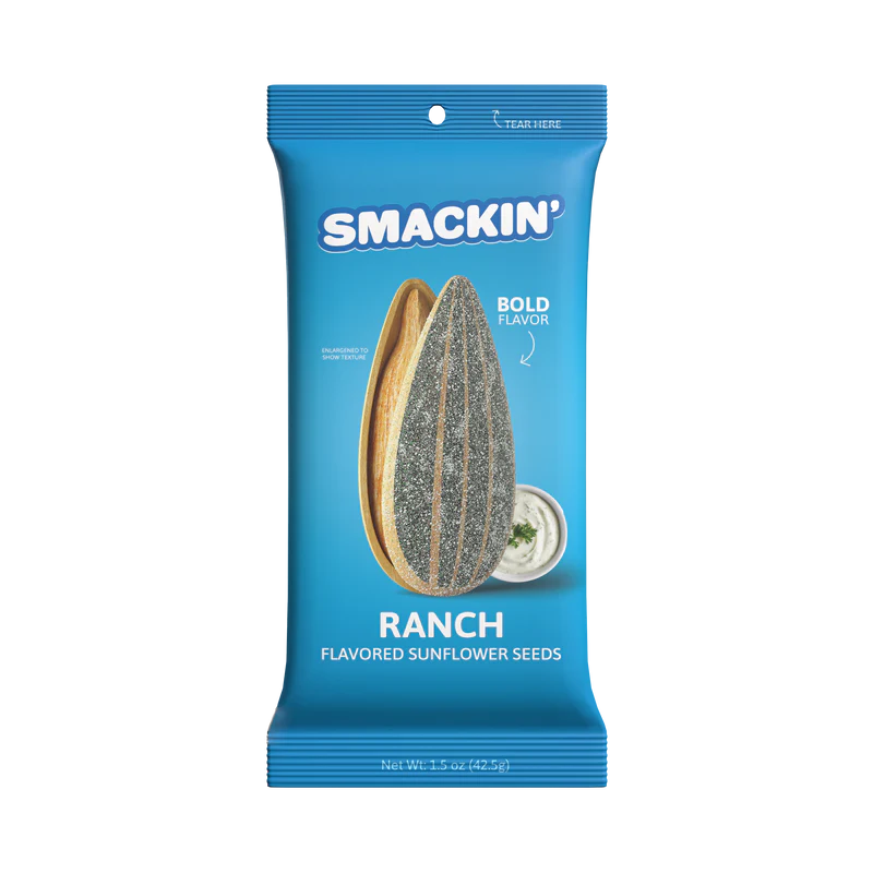 A blue bag of Smackin' Sunflower Seeds - 1.5oz features a jumbo seed image and a bowl of ranch dip, highlights bold flavors, and displays the net weight as 1.5 oz (42.5g).