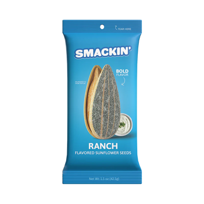 A blue bag of Smackin' Sunflower Seeds - 1.5oz features a jumbo seed image and a bowl of ranch dip, highlights bold flavors, and displays the net weight as 1.5 oz (42.5g).