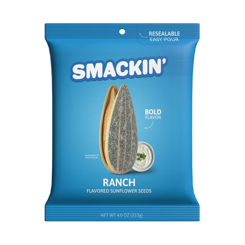 A 4oz blue resealable bag of Smackin' Sunflower Seeds features jumbo ranch-flavored seeds and a cup of ranch dip on the front, with bold flavor highlighted on the packaging.