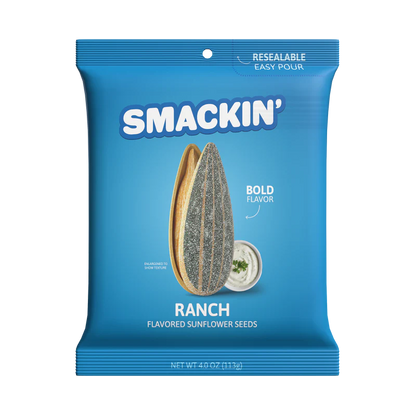 A 4oz blue resealable bag of Smackin' Sunflower Seeds features jumbo ranch-flavored seeds and a cup of ranch dip on the front, with bold flavor highlighted on the packaging.