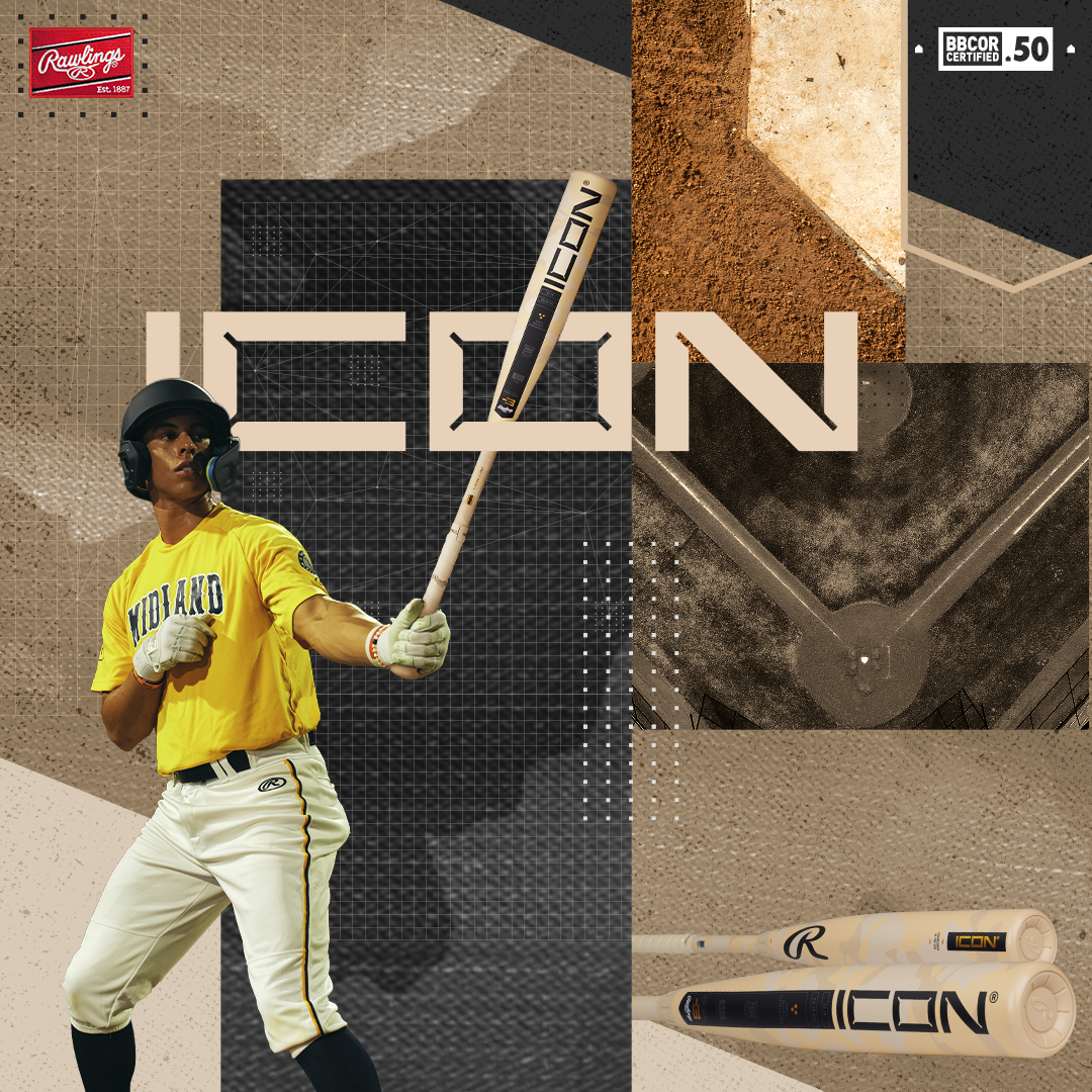 A baseball player holds a 2025 Rawlings Icon (-3) BBCOR Baseball Bat: RB5I3 (DEMO), ready to swing.