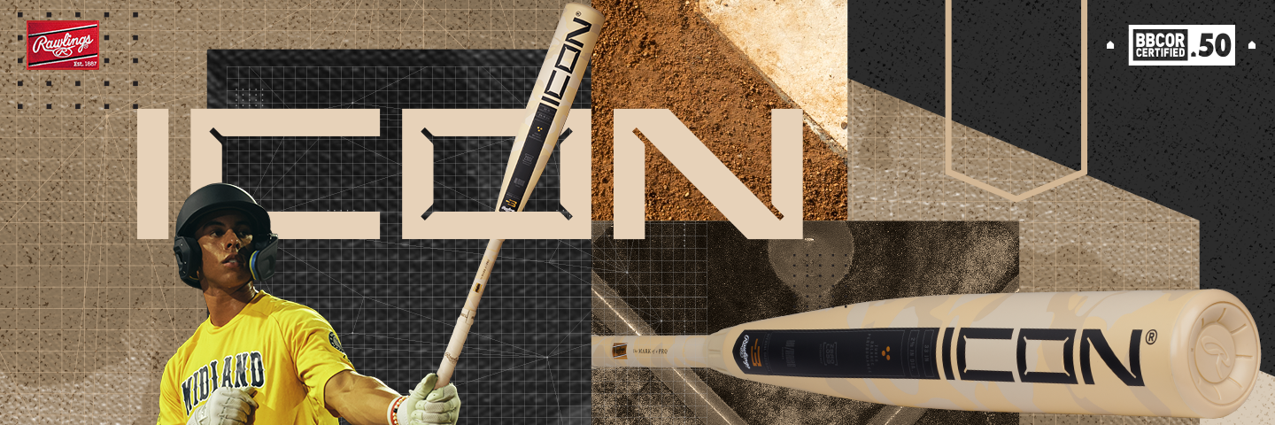 A baseball player in a yellow jersey holds a bat labeled ICON. The background features large text spelling ICON, a BBcor certified logo, and close-up details of the baseball bat and home plate.