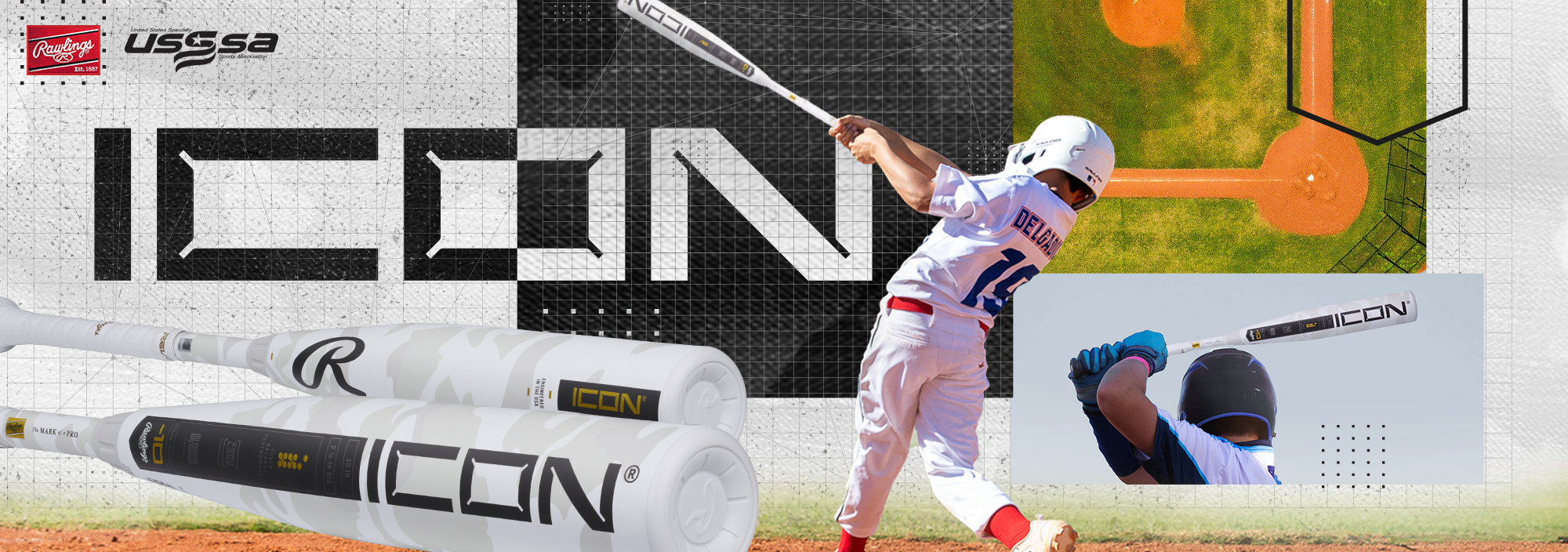 A youth baseball player swings a bat on a field. The image features two white Rawlings ICON bats, the USSSA and Rawlings logos, and an aerial view of a baseball diamond in the background.
