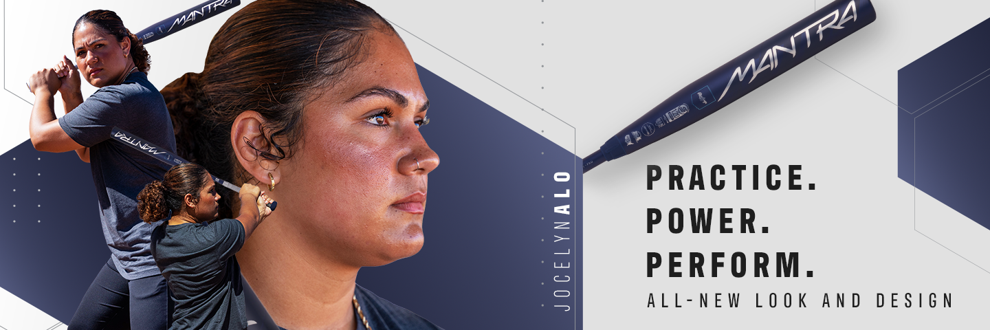 A softball player holds a bat in various poses. The bat says Mantra. Text reads: Practice. Power. Perform. All-new look and design. The name Jocelyn Alo appears vertically on the left.