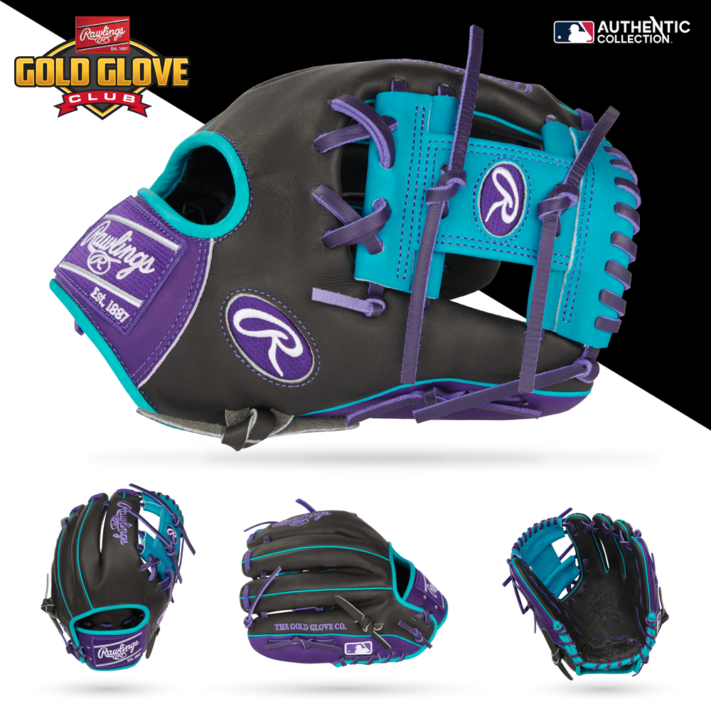 The Rawlings Heart of the Hide 11.5" Baseball Glove (PROR204-2DSTP) in black with teal and purple accents is shown from various angles, with Gold Glove Club and Authentic Collection logos in the image corners.