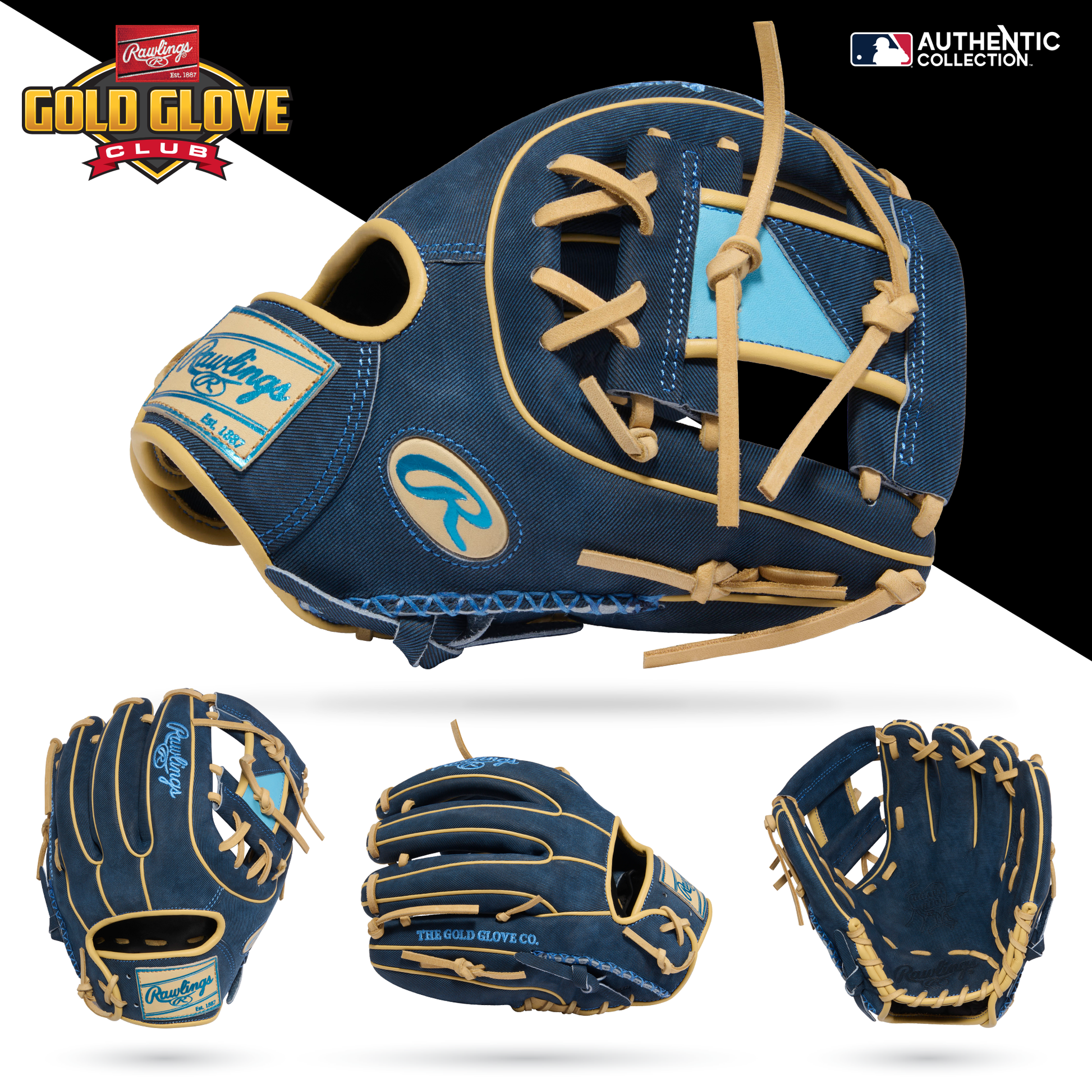 The Rawlings Heart of the Hide 11.5" Baseball Glove (PROR314-2XDN) is shown in blue and tan from multiple angles, featuring prominent stitching, signature Rawlings logos, and AUTHENTIC COLLECTION labeling.