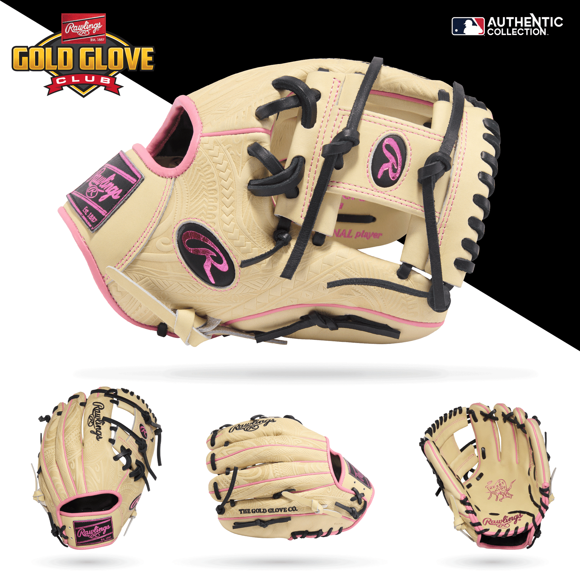 The Rawlings Heart of the Hide 11.5" Baseball Glove (PROR204-2CPB), part of the RGGC November 2025 collection, is displayed from multiple angles on a white background with Gold Glove Club and Authentic Collection logos in the corners.