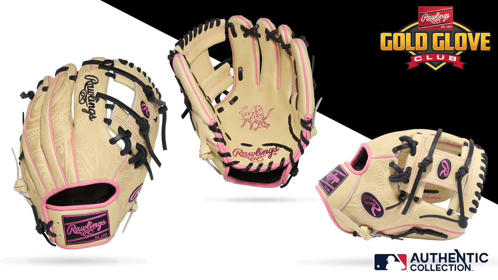 Three views of a tan Rawlings baseball glove with black laces and pink accents, featuring the Gold Glove Club and MLB Authentic Collection logos on a black and white split background.