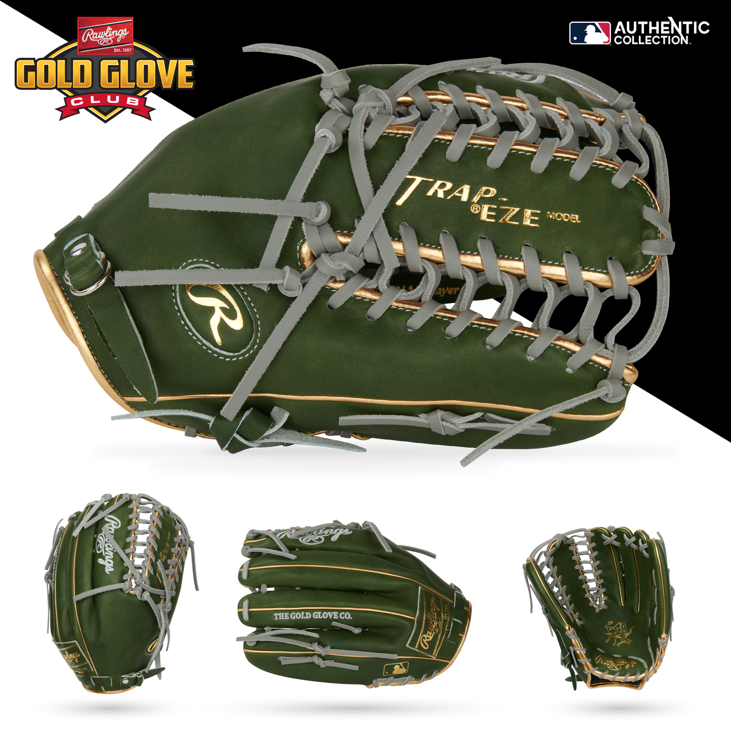 The Rawlings Heart of the Hide 12.75" Baseball Glove (PROMT27MGG) features a green design with gray laces and gold accents. Shown in three angles, it includes GOLD GLOVE CLUB and AUTHENTIC COLLECTION logos—ideal for outfielders.