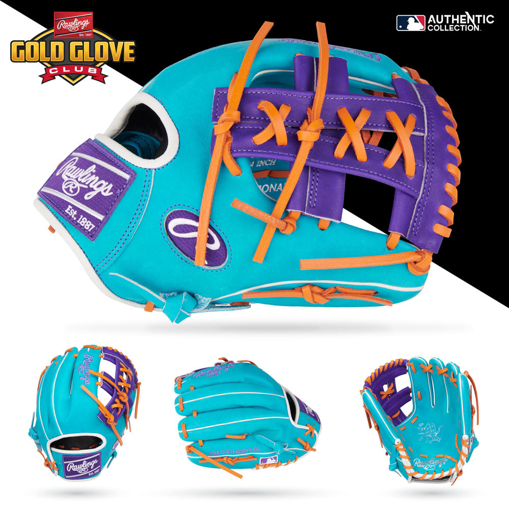 The Rawlings Heart of the Hide 11.75" Baseball Glove (RGGC April 2025: PROR205-32TEP) features a turquoise and purple design with orange laces, Rawlings logo, Gold Glove Club badge, and Authentic Collection label—ideal for infield play.