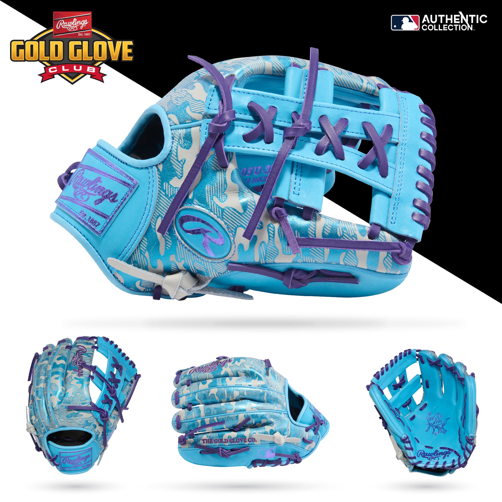 The Rawlings Heart of the Hide 11.75" Baseball Glove (PROR205U-32CBG), shown in blue and purple with a cactus pattern, is displayed from multiple angles with Gold Glove Club and Authentic Collection logos on white and black backgrounds.