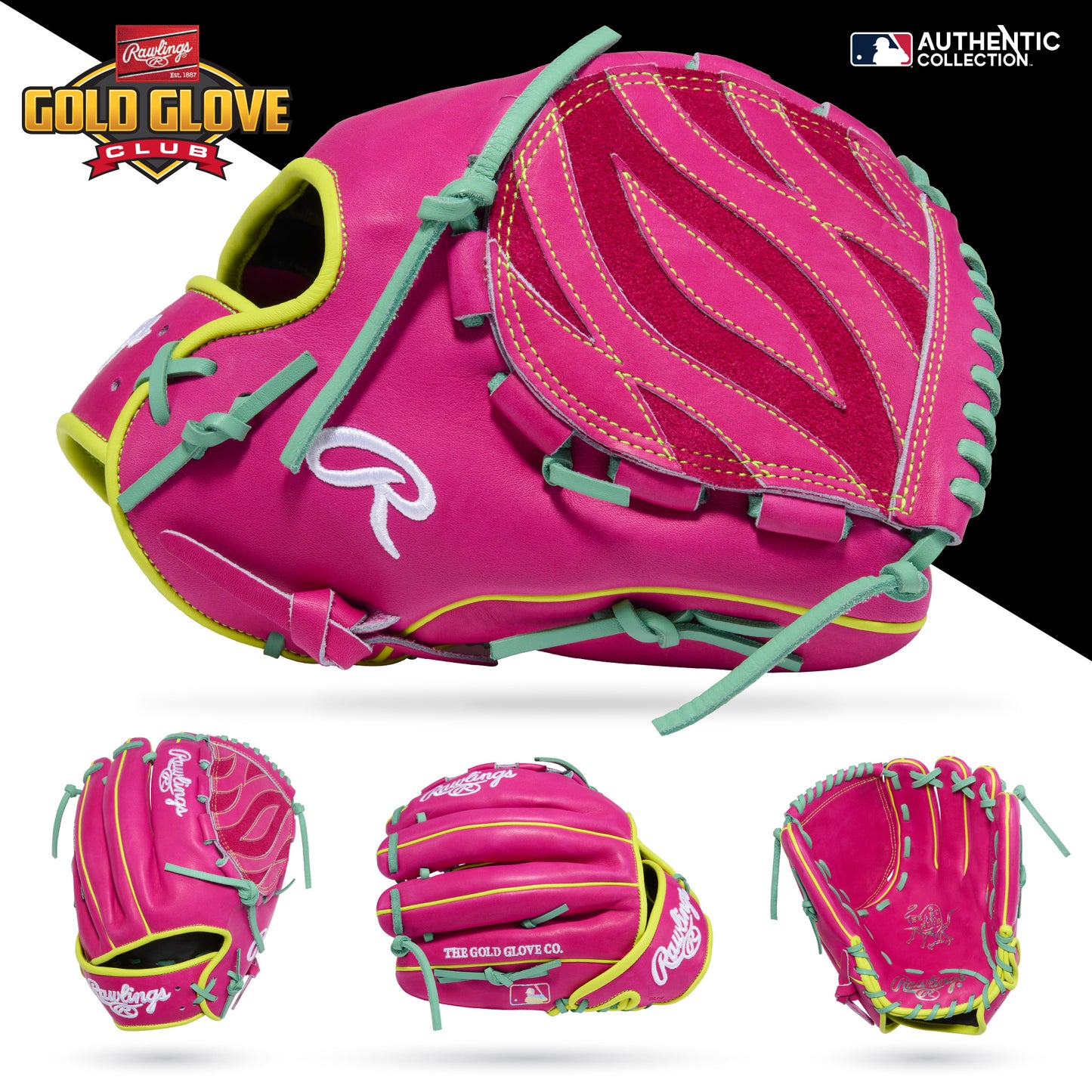The Rawlings Heart of the Hide 12" Baseball Glove (PRO206TRI-34BE) by Rawlings is displayed from four angles, showcasing its pink color, aqua blue laces, yellow trim, and wavy stitching against white and black backgrounds.