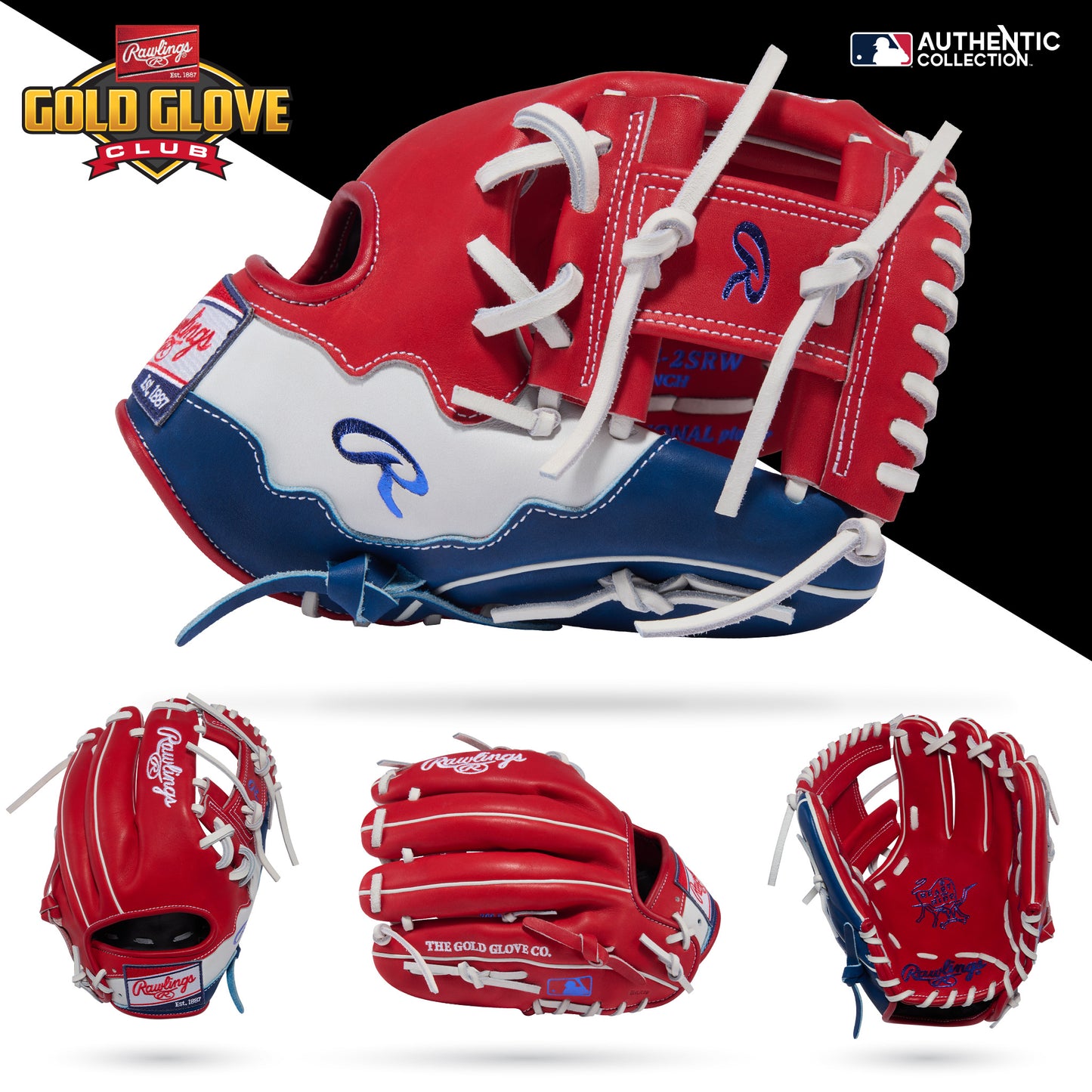 The Rawlings Heart of the Hide 11.5" Baseball Glove (PROR204-2SRW, RGGC July 2026) is shown in red, white, and blue from four angles with white laces, Authentic Collection branding, logos, and Gold Glove Club details—ideal for infielders.