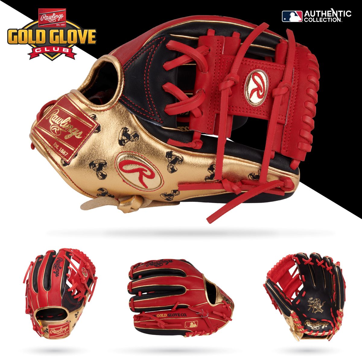 The Rawlings Heart of the Hide 11.5" Baseball Glove (RGGC June 2025: PROGOLDYIX) is shown from multiple angles, featuring premium steer hide leather, detailed stitching, and visible Rawlings and Gold Glove Club logos.