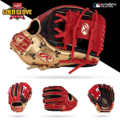 The Rawlings Heart of the Hide 11.5" Baseball Glove (RGGC June 2025: PROGOLDYIX) is shown from multiple angles, featuring premium steer hide leather, detailed stitching, and visible Rawlings and Gold Glove Club logos.