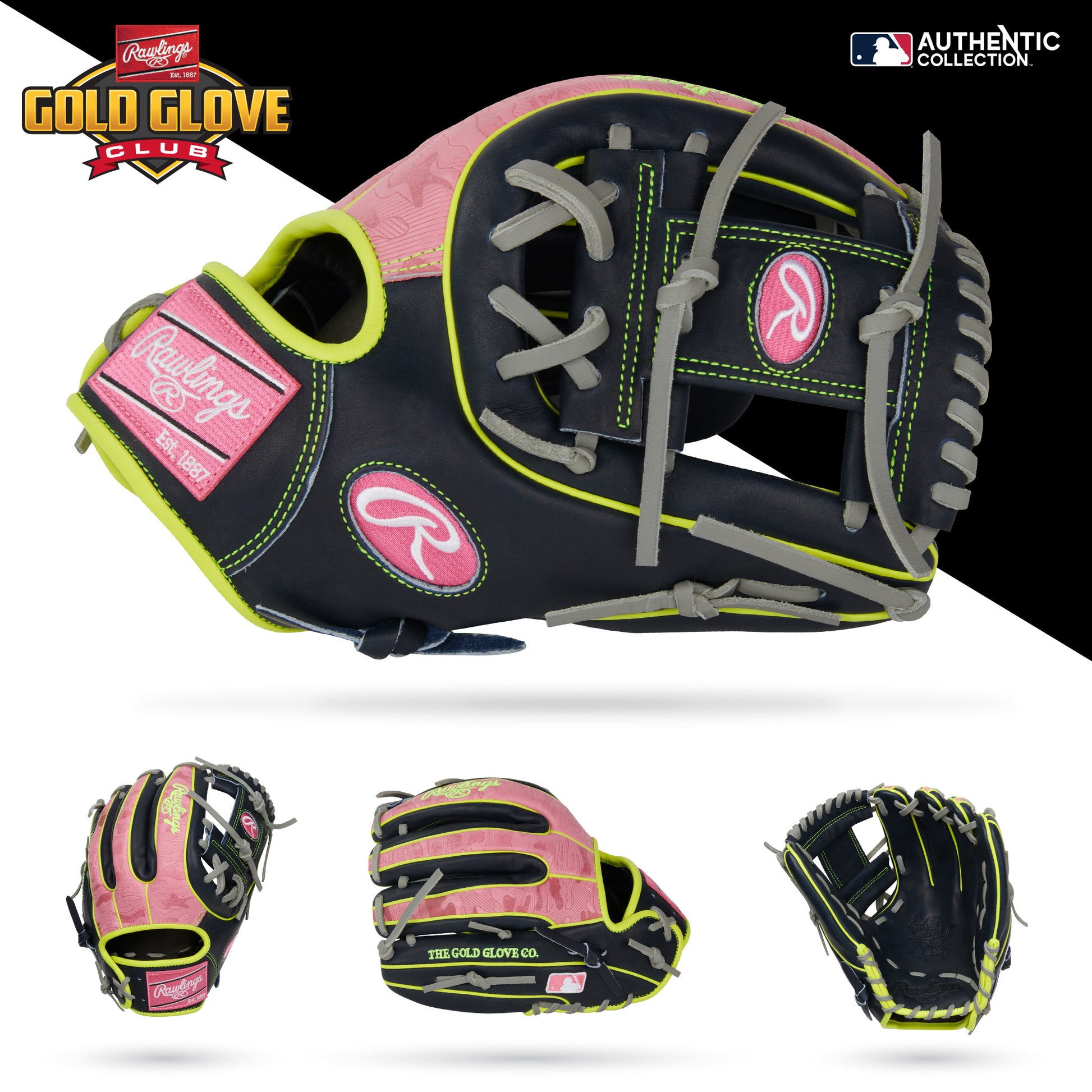 The Rawlings Heart of the Hide 11.75" Baseball Glove (PRO315-2NPY) is shown from multiple angles on a white background with branding logos in the corners, featuring pink, black, and neon green colors.