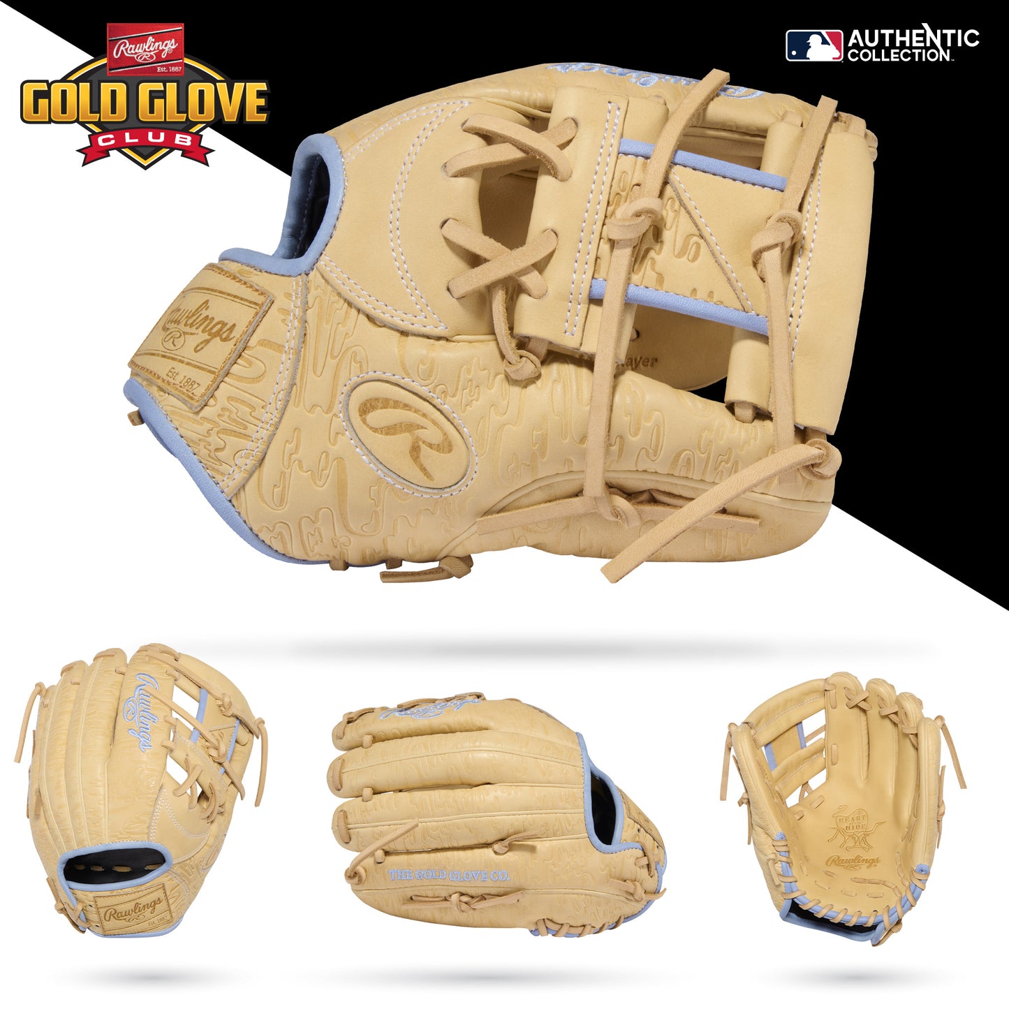 Four views of the Rawlings Heart of the Hide 11.5″ Baseball Glove (RGGC September 2026: PRORB734-2XC) in tan with blue trim, featuring the Gold Glove Club logo and Authentic Collection badge, are set against a white and black background—perfect as an infield glove.