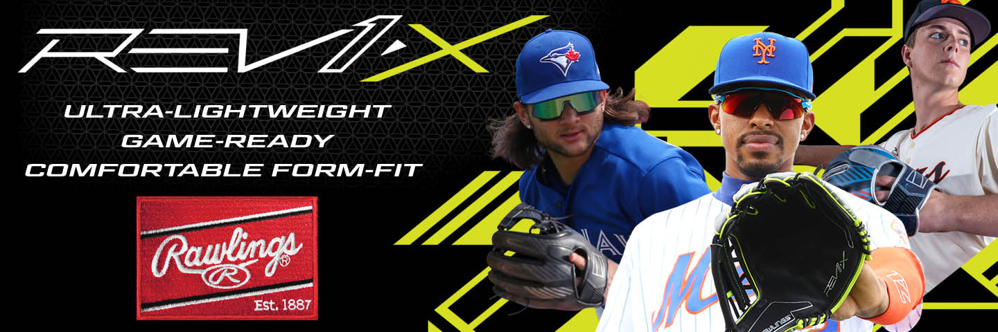 Three baseball players in different uniforms pose with gloves in front of a geometric yellow and black background. Text reads: “REV1X Ultra-lightweight, game-ready, comfortable form-fit. Rawlings Est. 1887.”.