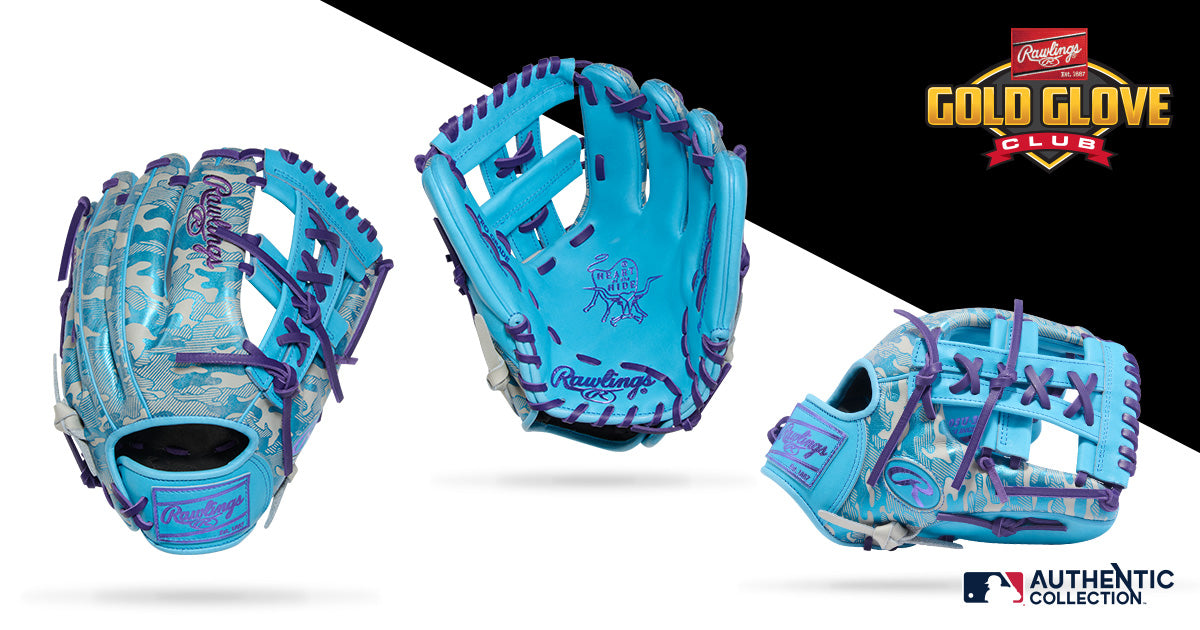 Three views of a Rawlings baseball glove in blue and purple camo design, featuring the Gold Glove Club and MLB Authentic Collection logos on a black and white split background.