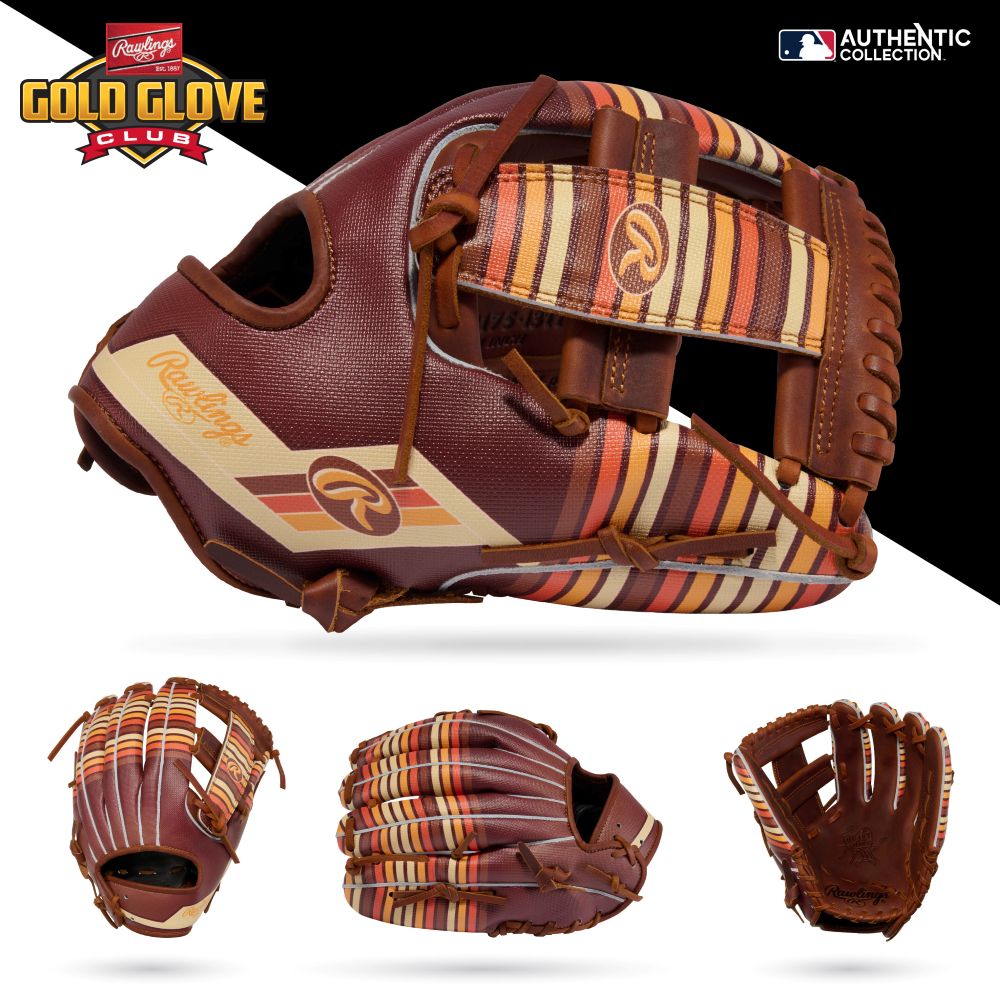 The Rawlings Heart of the Hide 11.75" Baseball Glove (PROR2175-13TI) features brown leather with striped tan, orange, and burgundy accents, shown from multiple angles with Gold Glove Club and Authentic Collection logos above.