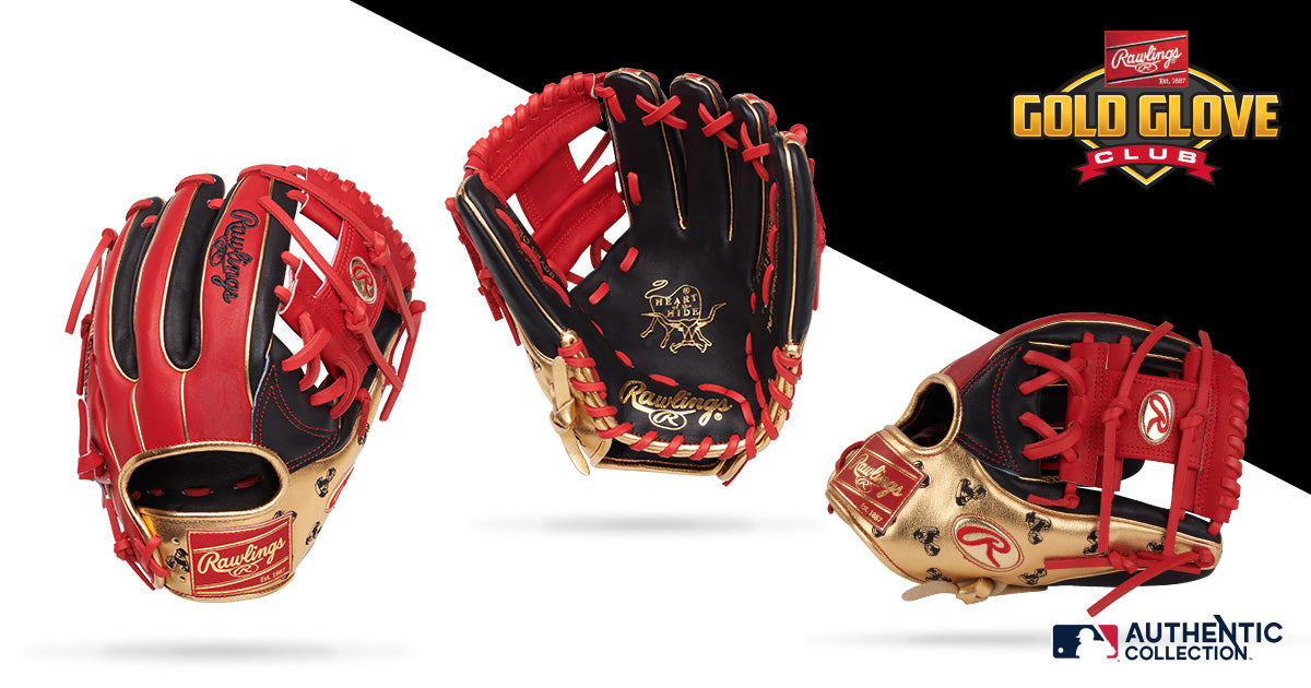 Three Rawlings baseball gloves from the Gold Glove Club collection are displayed in red, black, and gold colors, with detailed stitching and logos. The Rawlings and Gold Glove Club logos appear above and below the gloves.