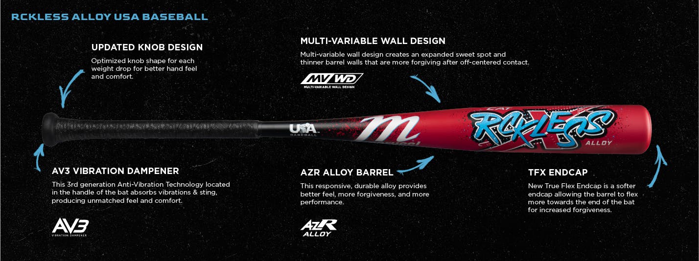 A 2026 Marucci CAT X RCKLESS (-8) 2 5/8" USA Baseball Bat (MSBCR8USA) with text overlay.