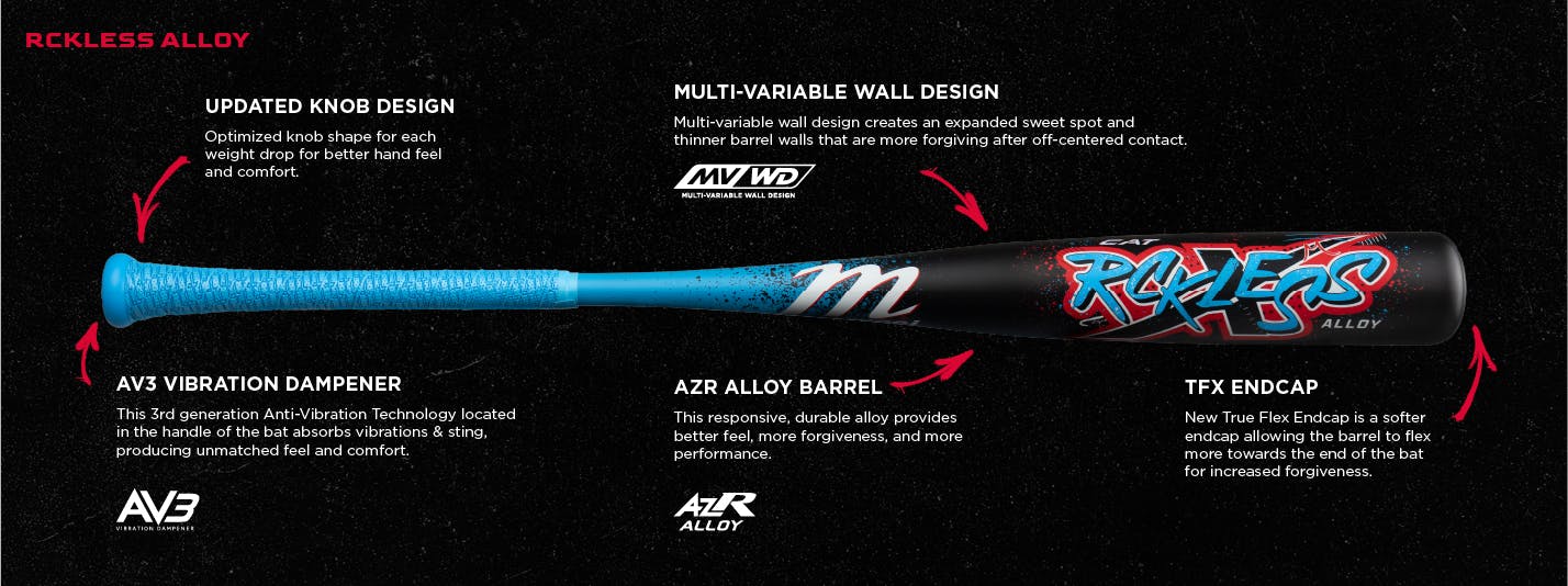 The 2026 Marucci CAT X RCKLESS (-8) USSSA Baseball Bat (MSBCR8) features a black design with blue grip, updated knob shape, multi-variable wall design, AV3 vibration dampener, AZR alloy barrel, and TFX endcap for enhanced performance.