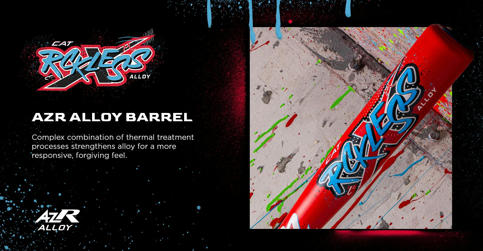 A red Marucci 2026 CAT X RCKLESS (-8) USA Baseball Bat with blue, white, and red logos rests on a splattered paint surface. Text notes its AZR alloy barrel, USA certification, and performance-boosting thermal treatment.