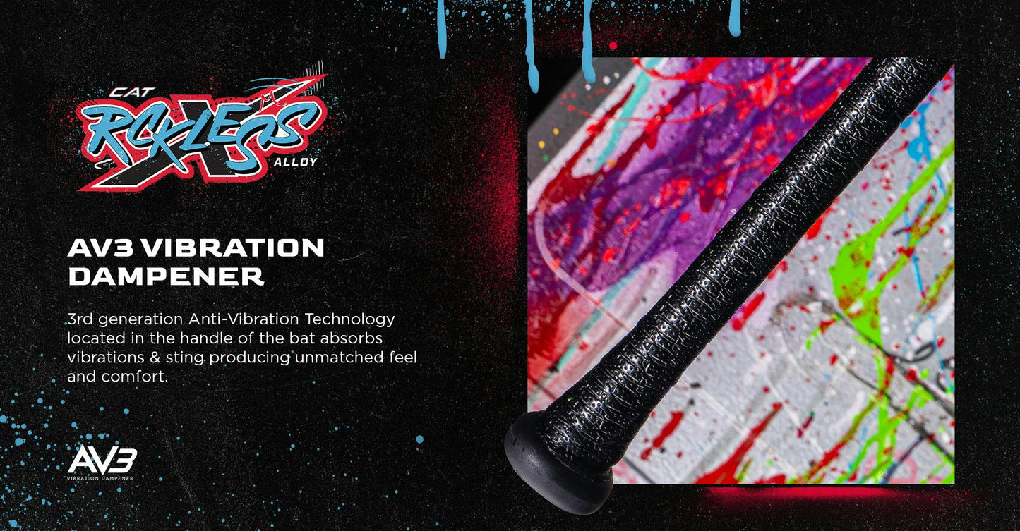 Close-up of a black 2026 Marucci CAT X RCKLESS (-8) USA Baseball Bat: MSBCR8USA handle with textured grip, set against a colorful paint-splattered background. Text highlights the AV3 Vibration Dampener for comfort and less sting.