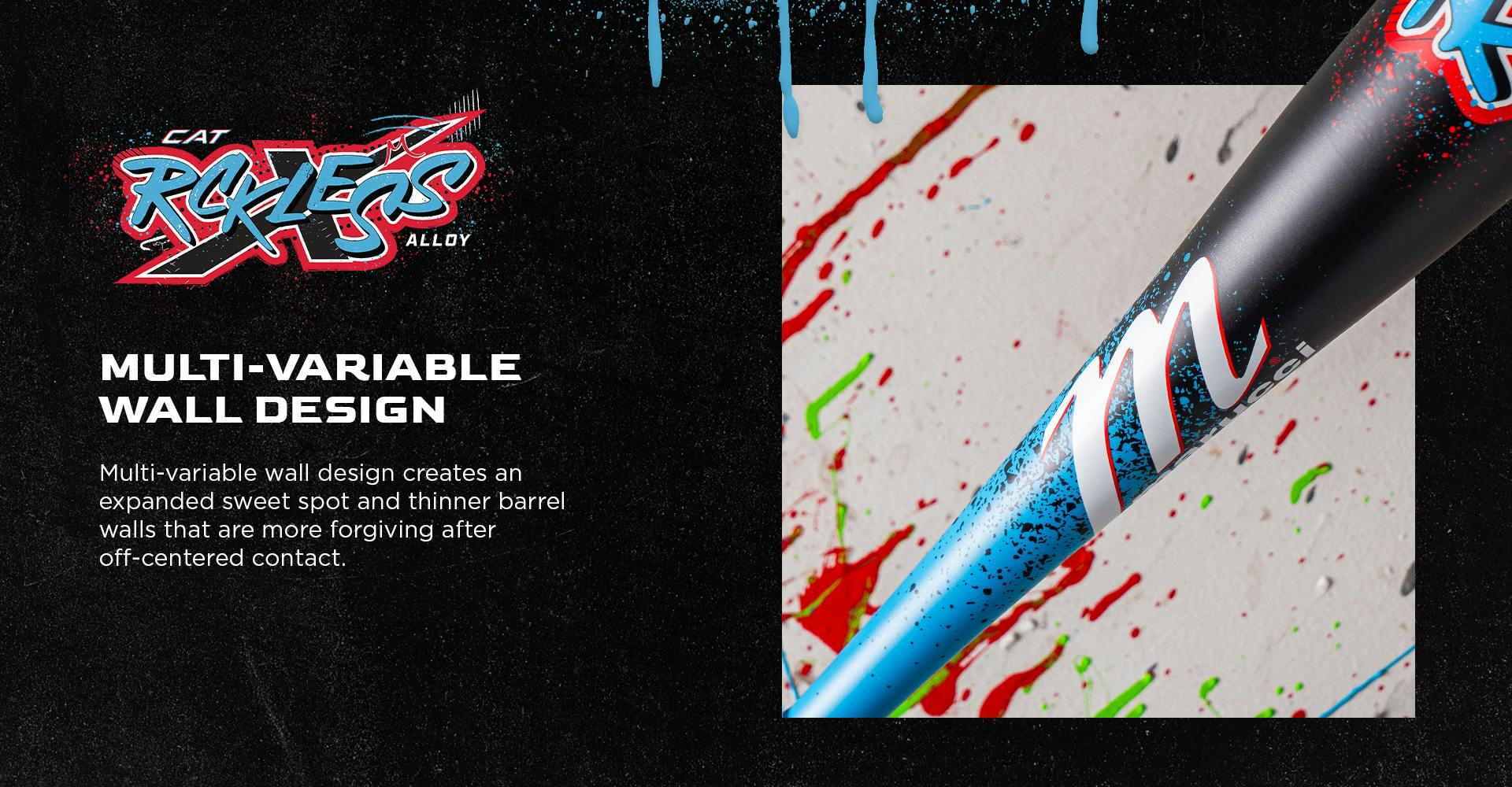 The Marucci 2026 CAT X RCKLESS (-8) 2 3/4" USSSA Baseball Bat (MSBCR8) in blue and black rests on a white background, showcasing its multi-variable wall design for a bigger sweet spot and added forgiveness—ideal for USSSA games.