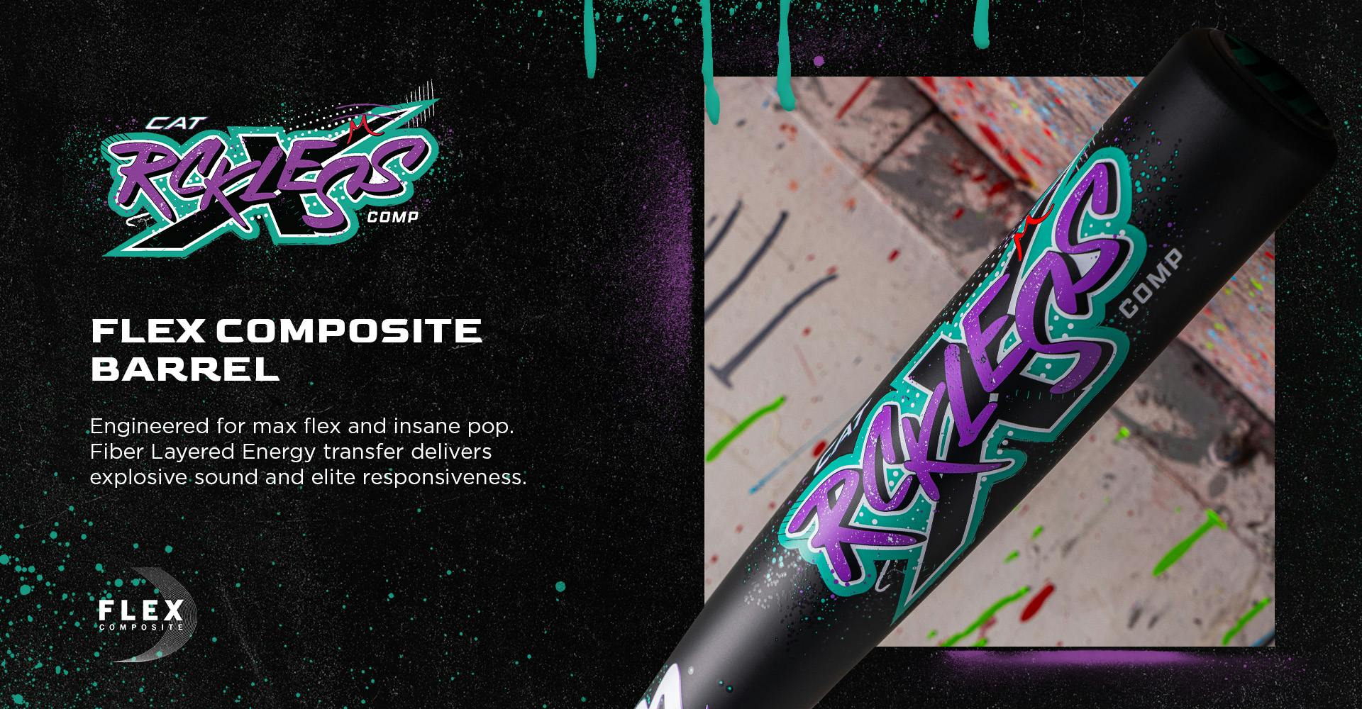 A black 2026 Marucci CAT X RCKLESS Composite (-5) USSSA Baseball Bat with a colorful graffiti logo rests on a paint-splattered floor, showcasing its composite barrel for elite responsiveness and maximum energy transfer.