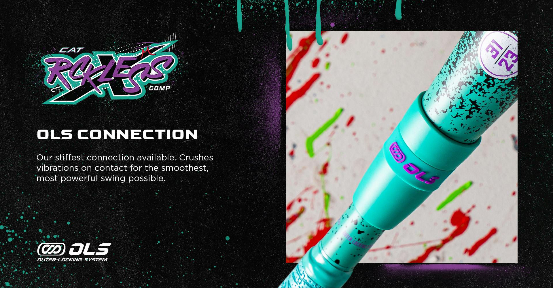 A close-up of the 2026 Marucci CAT X RCKLESS Composite (-5) 2 3/4" USSSA Baseball Bat (MSBCRC5 DEMO), featuring a textured grip, composite barrel, and OLS logo, against a black background with green and red paint splatters. Stiff connection reduces vibration.