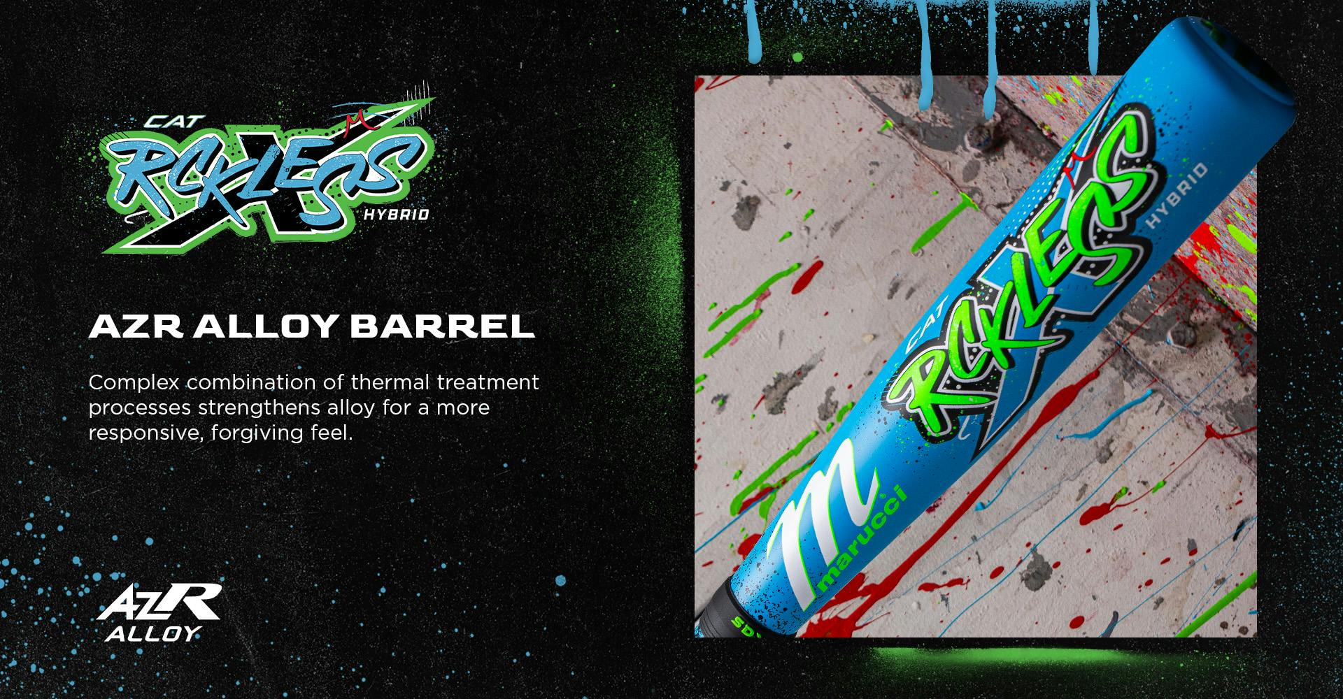 The 2026 Marucci CAT X RCKLESS Hybrid (-11) USA Baseball Bat (MSBCRH11USA) is shown at an angle on a splattered paint background, featuring a blue design with vibrant green and white logo and text highlighting its AZR Alloy Barrel for top performance.