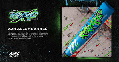 The 2026 Marucci CAT X RCKLESS Hybrid (-11) USA Baseball Bat (MSBCRH11USA) is shown at an angle on a splattered paint background, featuring a blue design with vibrant green and white logo and text highlighting its AZR Alloy Barrel for top performance.