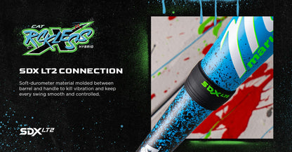 Close-up of the 2026 Marucci CAT X RCKLESS Hybrid (-11) USA Baseball Bat (MSBCRH11USA) in blue with a black grip and green SDX LT2 label, highlighting the SDX LT2 connection for less vibration and smoother swings. Paint splatters in the background.