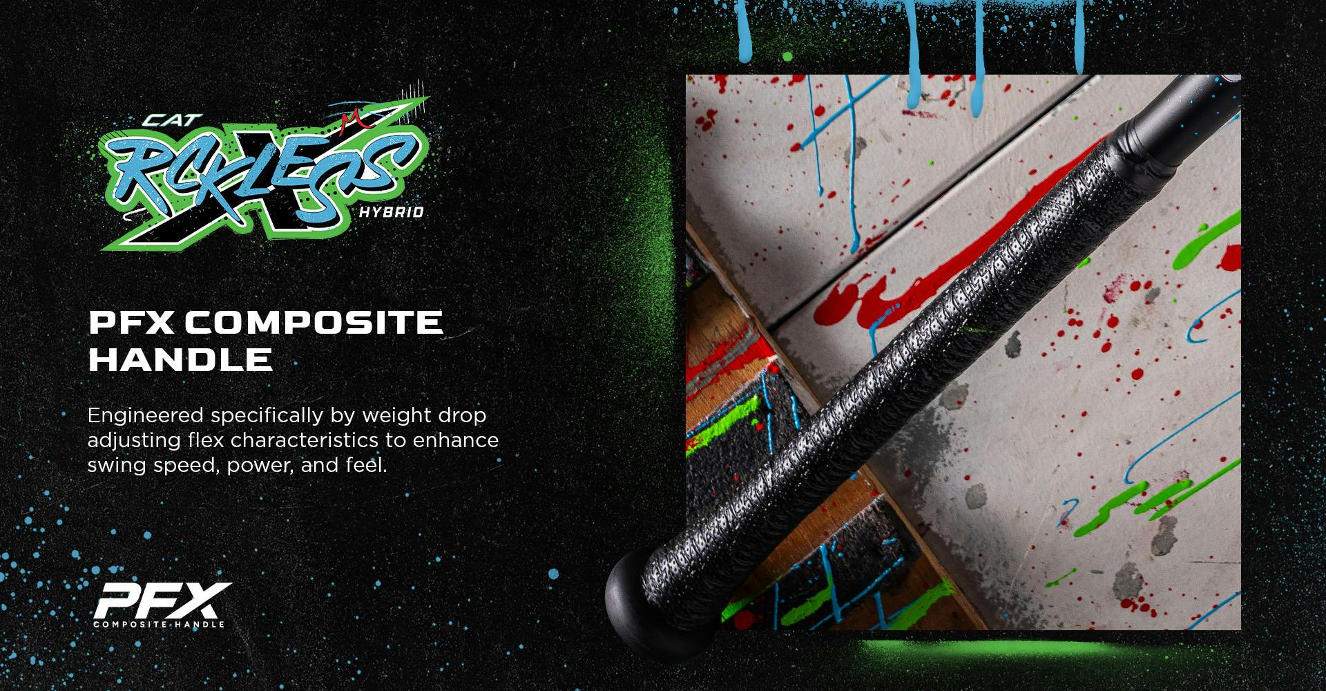 A close-up of the grip of a black Marucci 2026 CAT X RCKLESS Hybrid (-11) USA Baseball Bat (MSBCRH11USA) on a splattered paint surface, with text emphasizing its PFX composite handle and engineered flex, speed, power, and feel.